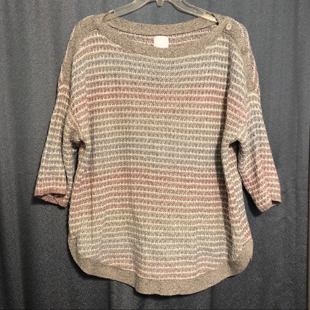 Striped Sweater With Button Details on Shoulder, 3/4 Sleeves, Generous XL